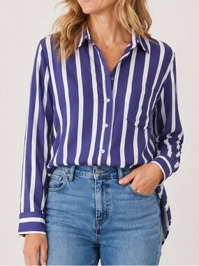 Amanda Green Blue White Stripe Button Front Rayon Blouse Women’s Large